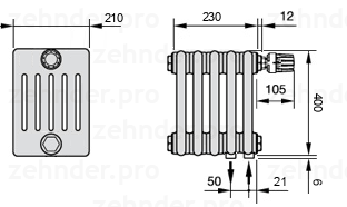 Схема (чертеж) Радиатор Zehnder Charleston 6040/5 №V002 Белый глянцевый RAL 9016